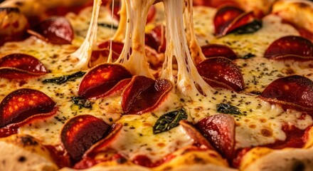 Close-up of pizza with pepperoni and stringy mozzarella