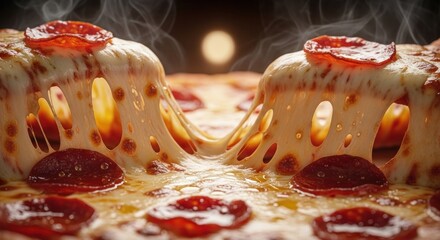 Close-up, steaming pizza with melted cheese pull and pepperoni slices