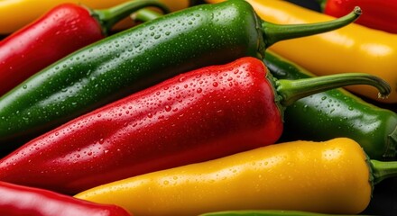 Close-up vibrant red, green, and yellow chili peppers covered in water droplets