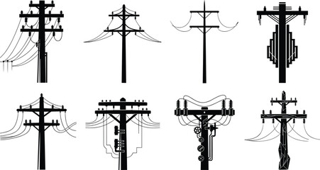 Set of different electrical power poles and utility line structures, high voltage distribution, transmission tower silhouette, energy infrastructure design