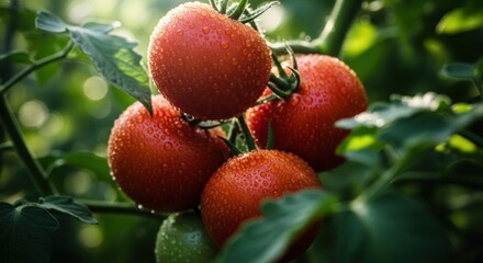Cluster of ripe, wet red tomatoes on a vine amidst green leaves, sun-drenched