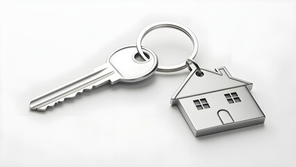Close-up of a house key and a house-shaped keychain, isolated on white.