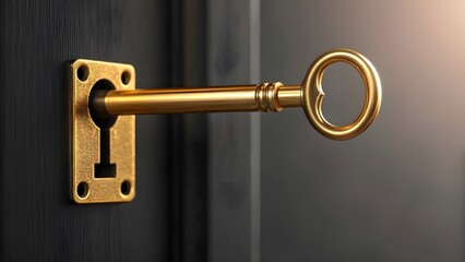 A golden key inserted into a dark wooden door's keyhole, ready to unlock.