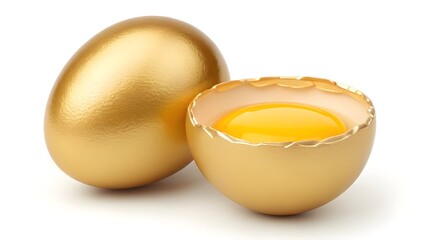 A golden egg rests beside a halved golden egg, revealing a vibrant yellow yolk within.