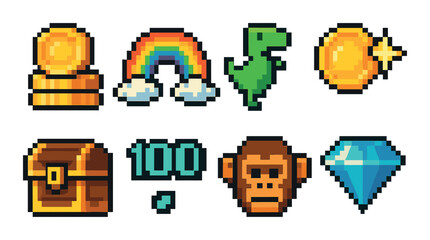Pixel art icons: coins, rainbow, dinosaur, chest, numbers, monkey, diamond