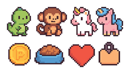 Pixel art animal characters with coin, heart, and food bowl