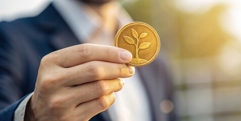 Golden coin investor hand plant symbol growth concept close up sunlight business suit finance investment saving