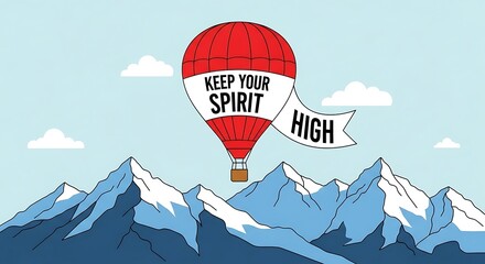 Red hot air balloon flying over snowy mountains with inspirational banner.