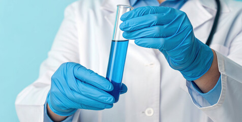 Close up gloved doctor hands holding test tube with blue liquid in laboratory setting conveying focus and professional care