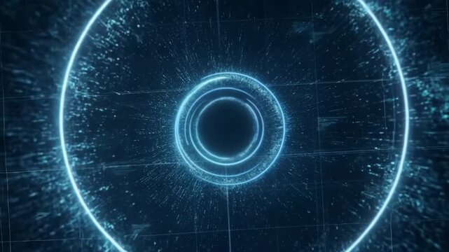 A holographic ring expands from the center, sending pulses through a digital grid. The camera moves forward as data particles flow outward like energy waves.