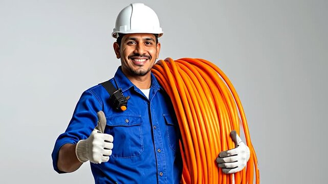 Smiling construction worker in blue uniform, white hardhat, gloves, thumbs up, holding orange cable
