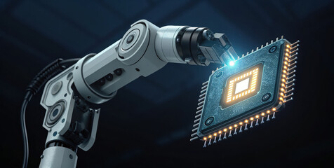 Robotic arm microchip circuit board precision soldering glowing connector technological automation