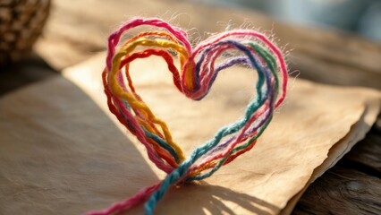 Colorful yarn heart on a wooden table, symbolizing love, craft, and handmade artistry