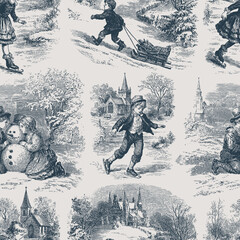 Seamless vector pattern with traditional European winter scenes. Vintage engraving or ink drawing style vector illustration.