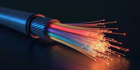 Fiber optic cable glowing with colorful light streaks, illuminated fiber bundle, glowing strands, technology connection, data transmission