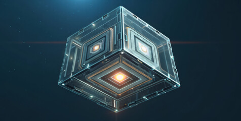 Floating transparent cube glowing with digital core, futuristic technology, neon light, sci fi atmosphere, high tech visual