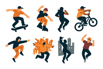 Fototapeta premium Diverse youth engaging in urban street sports: skateboarding, rollerblading, bmx, and dance