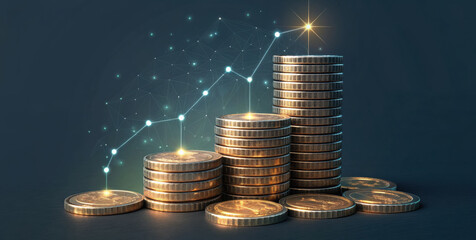 Realistic coin stack floating holographic perx stacked coin financial growth digital finance investment golden coin currency