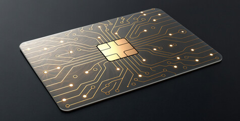 Realistic credit card with glowing circuit pattern metallic chip glowing circuitry digital payment technology sleek black background futuristic