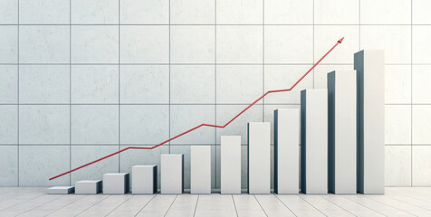 Realistic graph line rising upward on minimalist box chart showing increasing bar growth and optimistic trend