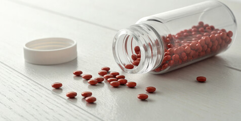 Red pill bottle spilled on white table with scattered round pills conveying concern and caution