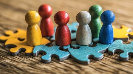 Colorful wooden game pieces stand on a puzzle, symbolizing teamwork and collaboration in a playful setting.