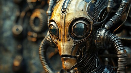 Intricate golden robot face with large reflective eyes and complex mechanical details, evoking futuristic technology and AI.