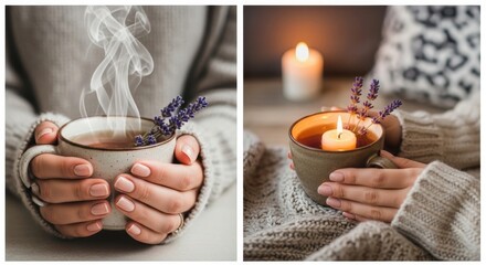 Cozy scene featuring steaming tea and candlelit relaxation perfect for self-care promotions or seasonal winter campaigns that evoke warmth and comfort