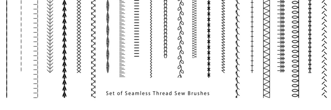 Set of seamless thread sew brushes.  Machine embroidery stitches.