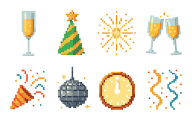 Pixel art celebration: party hat, champagne, disco ball, fireworks, and clock countdown