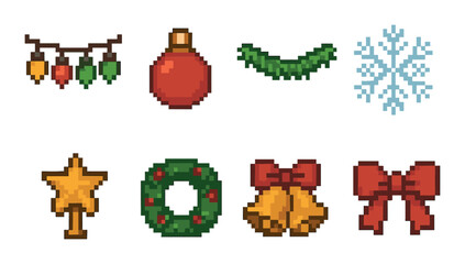 Pixel art holiday icons: garland, ornament, wreath, bow, bells, snowflake, star