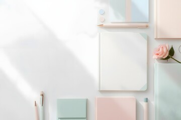 delicate arrangement of soft pastel colored stationery items creating a calm minimal workspace aesthetic