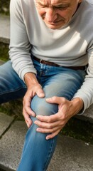 An elderly man sitting on the stairs, clutching his knees and complaining of pain