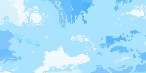 Abstract watercolor painting of a light blue sky with white and darker blue cloud formations