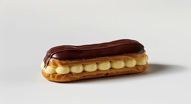 Delicious Chocolate Eclair with Cream Filling Isolated on White Background