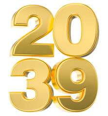 Golden 3D Number 2039 Isolated. Shiny Metallic Text Representing the New Year, Future, Success, and Wealth.