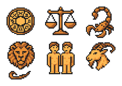 Pixel art zodiac signs: scales, scorpion, lion, twins, goat, ram design