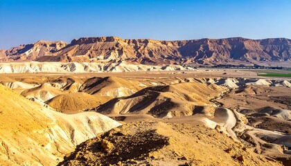 Fototapeta premium Wide shot of desert landscape featuring rolling hills and distant mountains