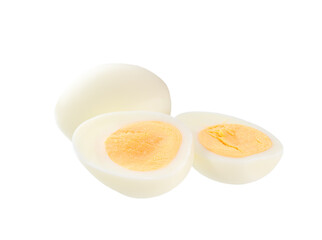 Single whole boiled egg with halved egg isolated on a white background.
