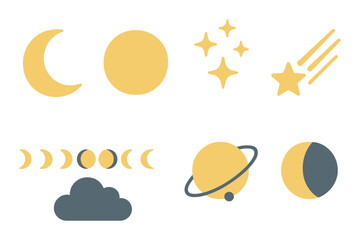 Glowing celestial icons: moon, stars, planets, and clouds in a luminous display
