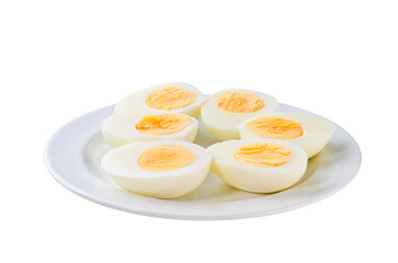 Boiled chicken eggs in a ceramic plate isolated on a white background.