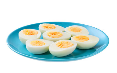 Boiled chicken eggs in a blue plate isolated on a white background.
