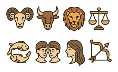 Astrological zodiac symbols featuring aries, taurus, leo, libra, pisces, gemini, and sagittarius