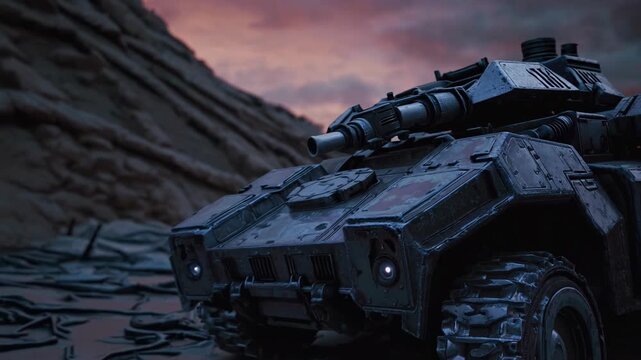 military vehicle scene, cinematic desert scene with armored vehicle and tense atmosphere, armored military vehicle at dusk scanning horizon in cinematic desert scene