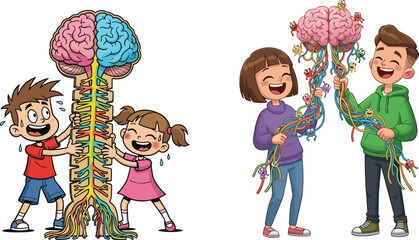 Cartoon kids learning about human brain and nerves, neuroscience education, anatomy illustration, child science learning, fun biology concept, cognitive development