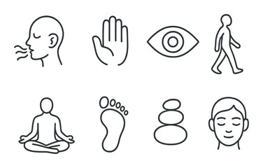 Mindfulness symbols: breathing, meditation, and walking icons on dark background