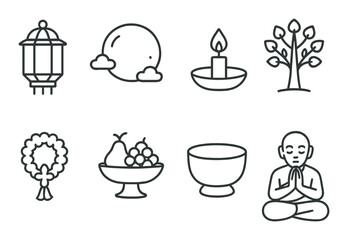 Meditative symbols: lantern, moon, candle, tree, wreath, fruit, bowl, meditating figure