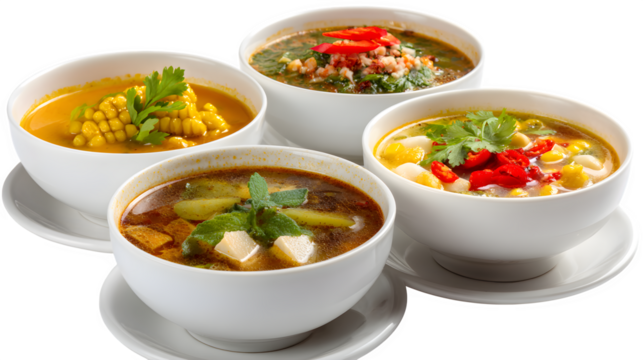 Clean studio shot of bowl of creamy miso soup in side view with corn isolated on transparent background