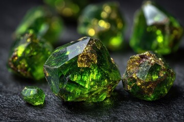 Raw demantoid garnet crystals on dark surface