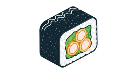 Stylized isometric illustration of a single sushi roll with tempura shrimp and avocado